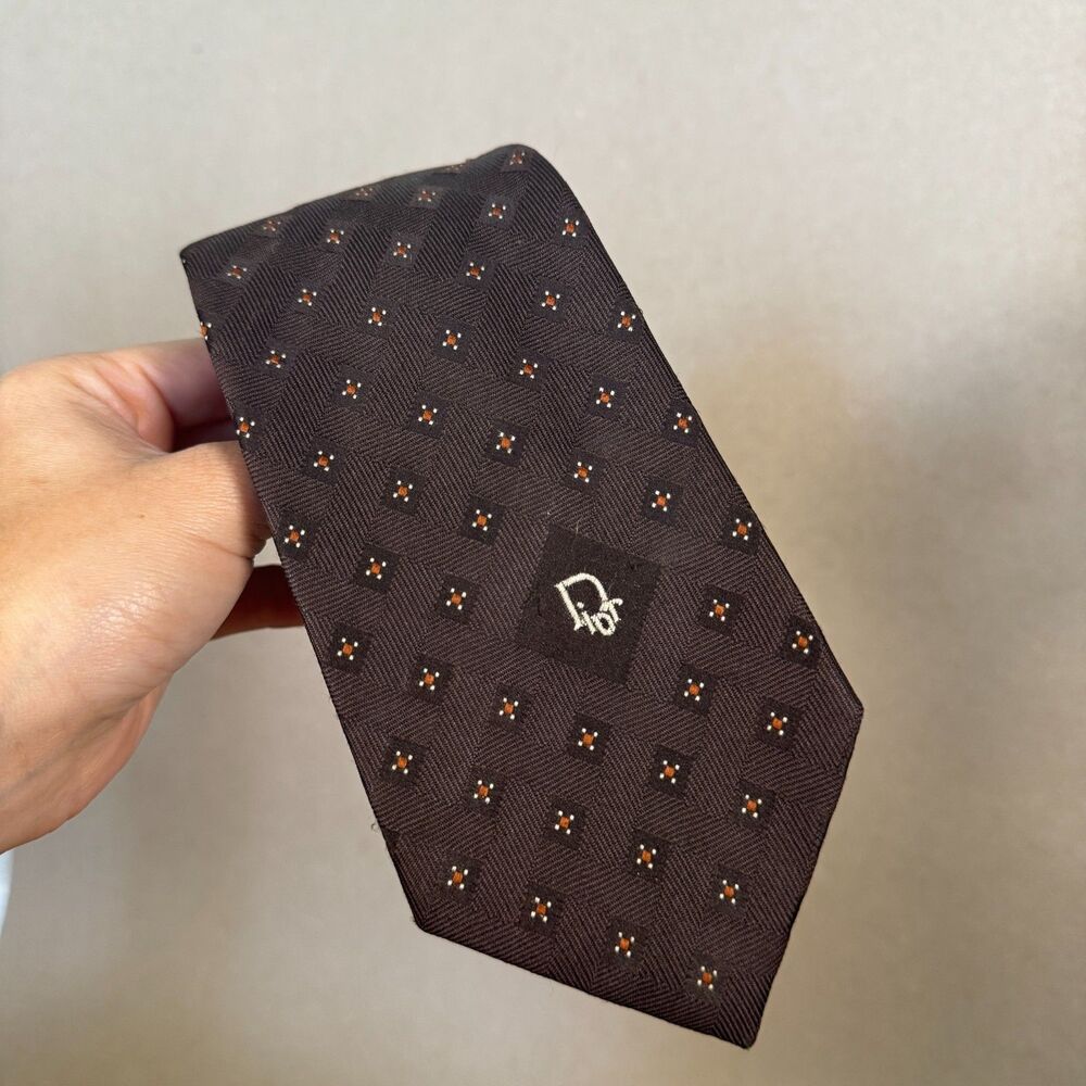 Vintage Christian Dior Mens Tie Black Silk Geometric Diamond Pattern Luxury